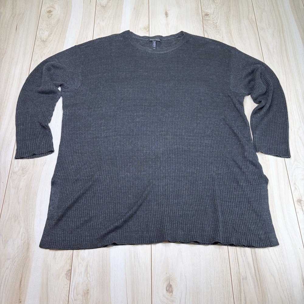 Eileen Fisher Womens Ribbed Knit Longline Tunic Sweater Gray Size Medium Linen